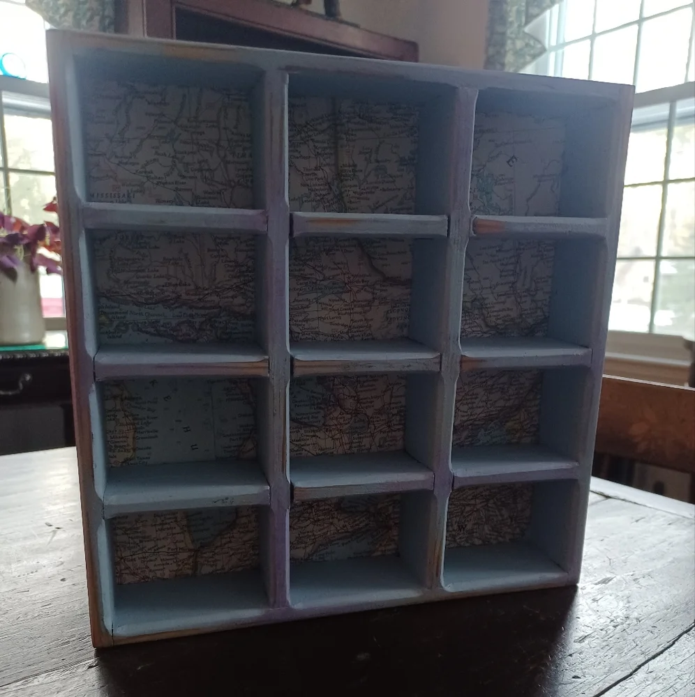 Handmade blue wooden mini wall curio display shelf w/ vintage road maps